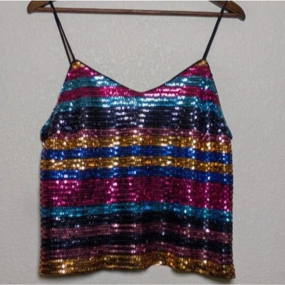 WAYF Rainbow Striped Sequin Cami Tank Top Size Large Festival Rave Party Y2K - Picture 3 of 10